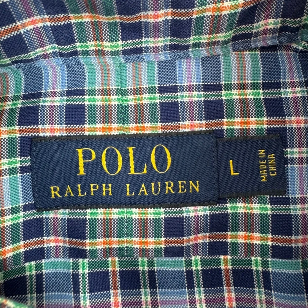 Polo Ralph Lauren Button Men Large Blue Multi Plaid Cotton Long Sleeve Shirt